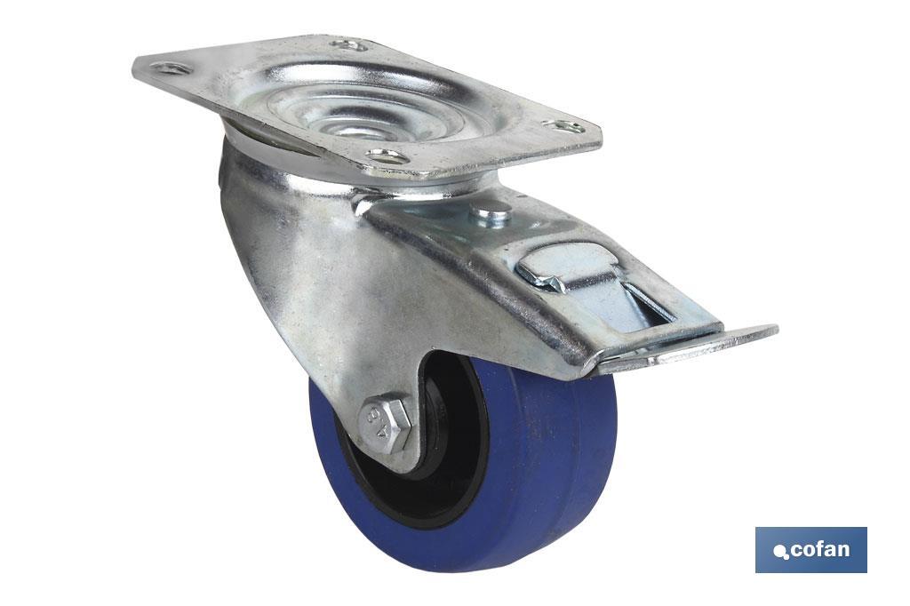 Rueda de goma azul giratoria con freno | Con cojinete de rodillo | Para pesos de hasta 150 kg y diámetros de 80, 100 y 125 mm